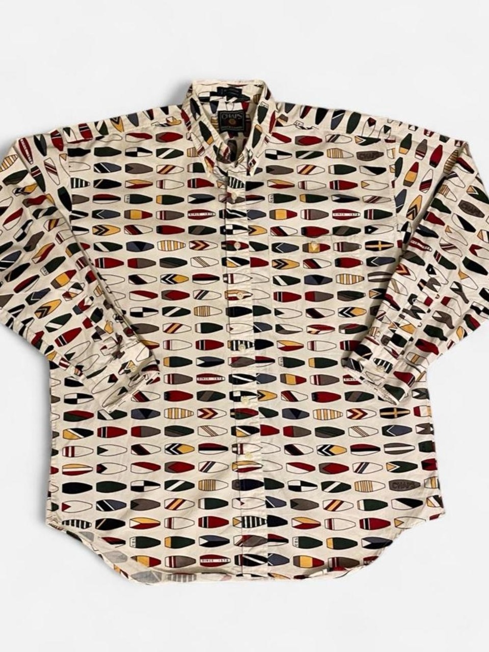 Chaps Cream Button-Down Shirt with Multicolor Surfboard Print